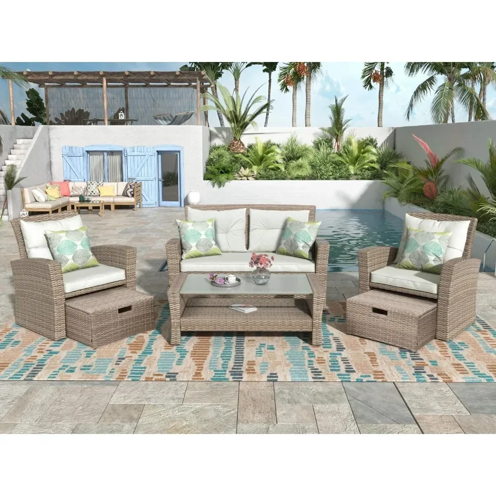 Beige Rattan Outdoor Furniture Sets 4 Pieces Sets Patio Furniture Set Outdoor Garden Living Room Set Table Chair Dining Terrace