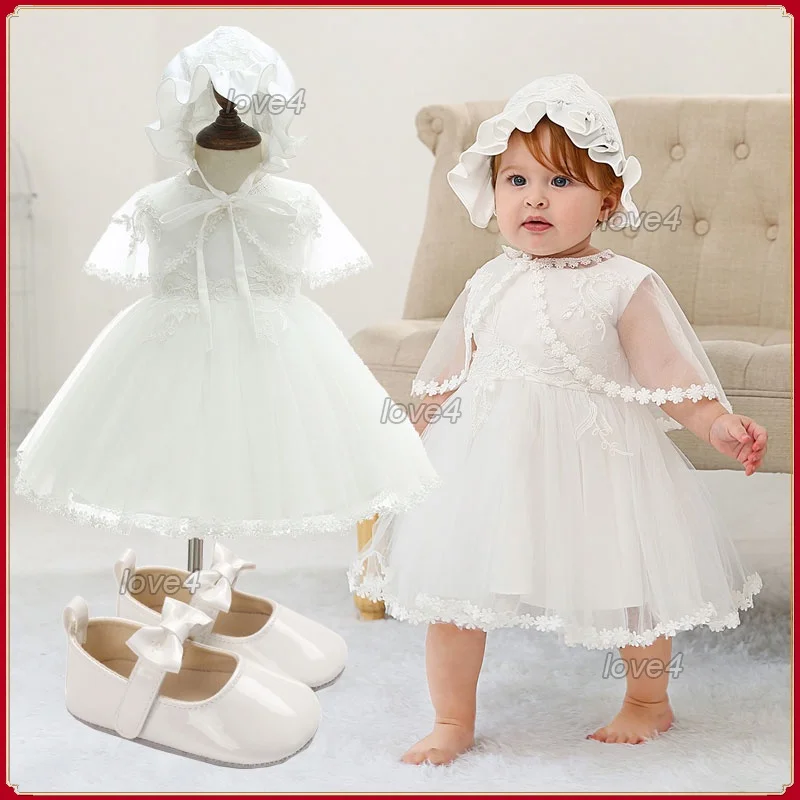 Christening Dress for Baby Girl Baptismal Vintage Dress for Baby Girl Princess Dresses+hat+cloak Birthday Wedding Party Outfit