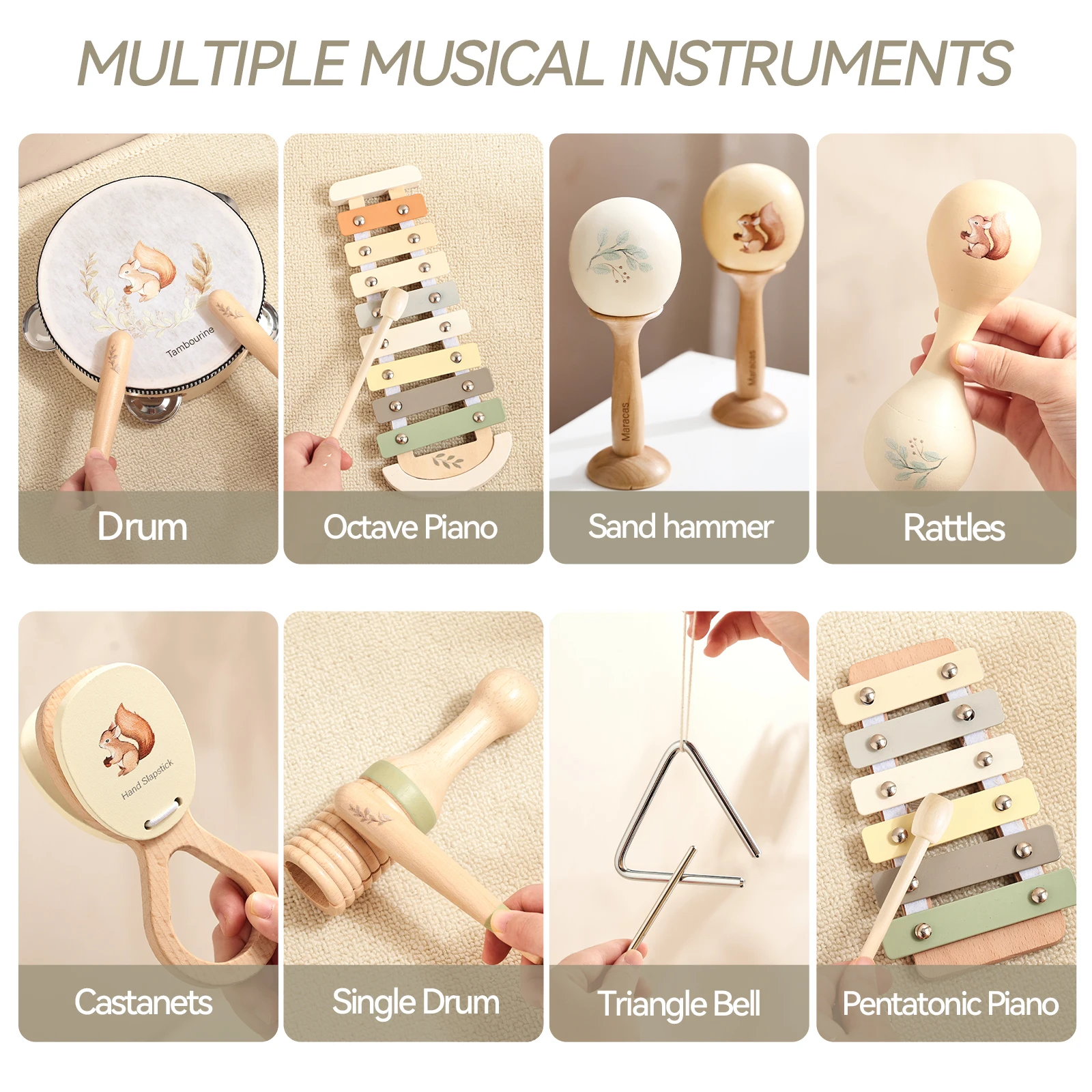 Montessori Wooden Toy Multicolor Xylophone Bell Beads Drum Column Musical Instrument Toy Kid Educational Musical Instrument Gift