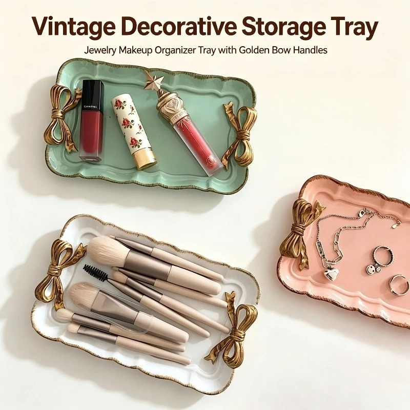 1PC French Style Resin Tray Vintage Bowknot Small Dish Ring Storage Tray Photo Shooting Prop for Jewelry Display