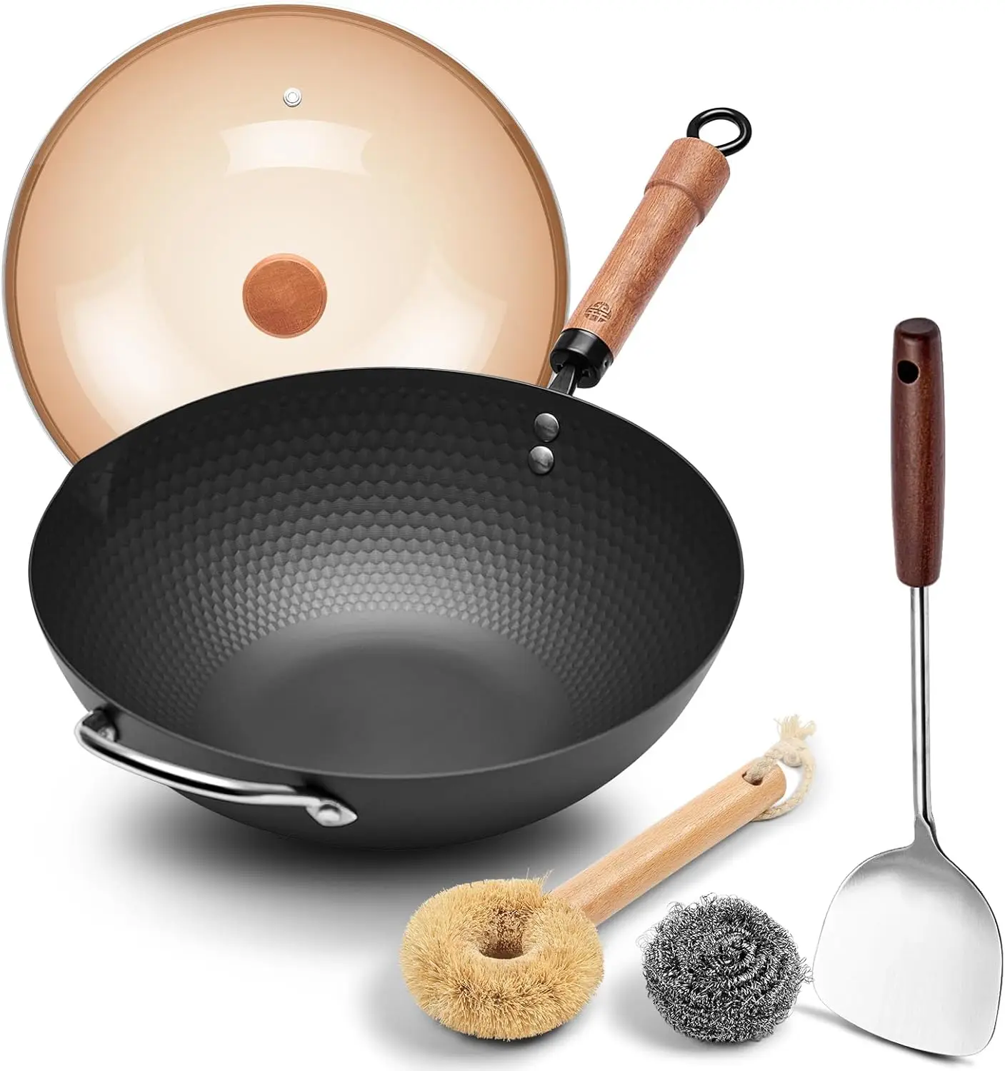 

12.6" Wok with Lid, Flat Bottom Nonstick Wok Pan for Induction Cooktop, Stir Fry Woks & Pans for Cooking