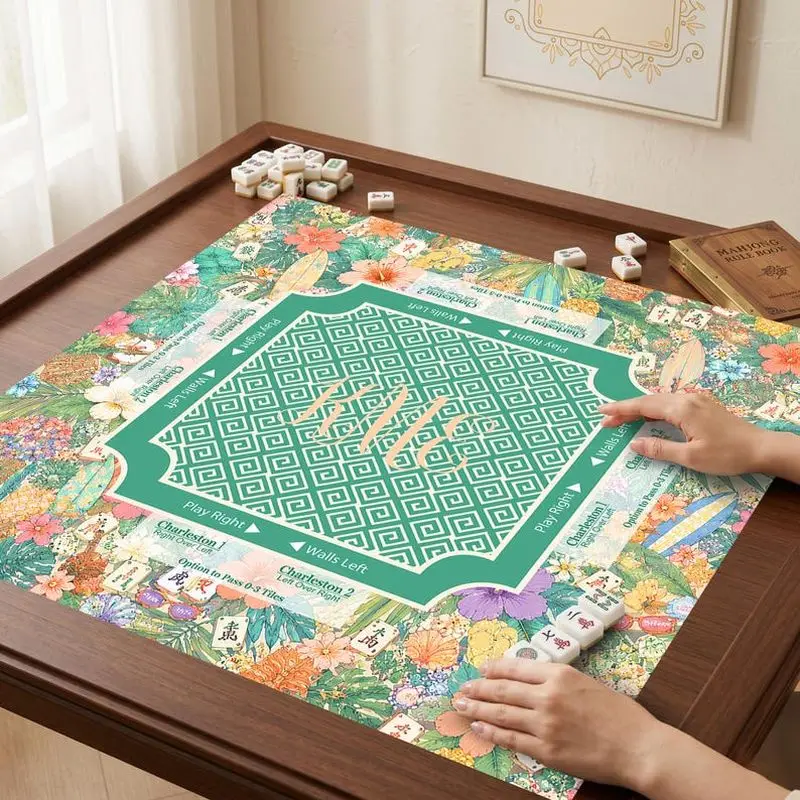 VIKAMA Tropical Floral Mahjong Game Table Mat Anti-slip Waterproof Green Geometric Mahjong Pad Home Game Decor