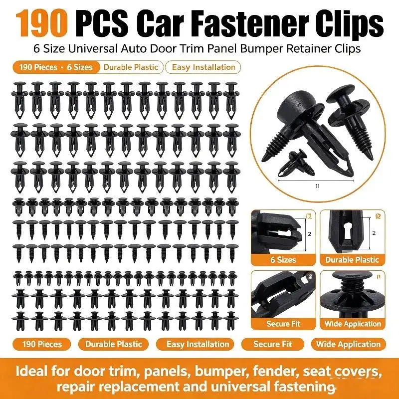 190 PCS Multi Size Universal Car Retainer Clips Durable Nylon Bumper Fasteners for Auto Interior Exterior Repair