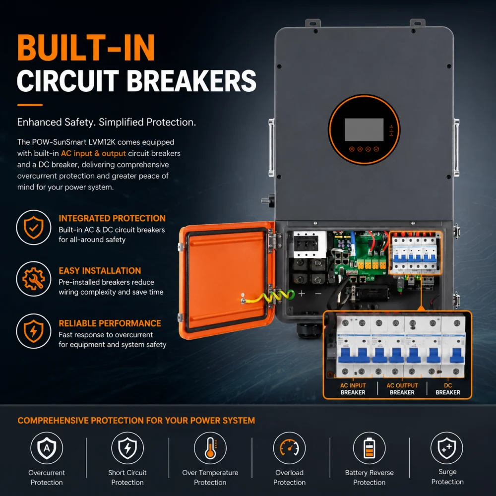 PowMr 12KW Split Phase On Grid Solar Inverter 120V 240V Dual MPPT 99.9 Percent Tracking 200A Max Charging IP65 Up to 6 Parallel Units for Home Solar System