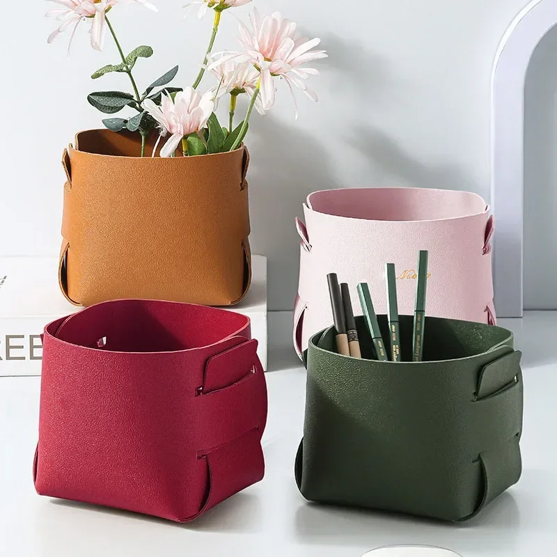 1PC Nordic Makeup Leather PU Storage Pen Holder Desktop Sundry Collapsible Remote Control Sundry Storage Bucket Storage Box