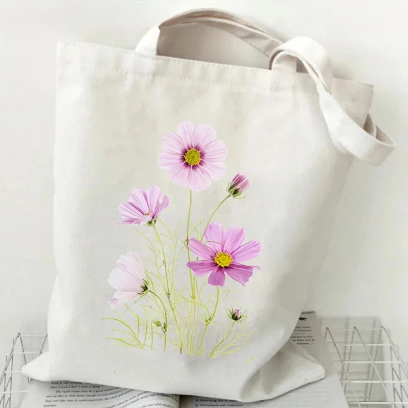 Fashion Canvas Tote Bag Oil Painting Wildflowers Print Lady Shoulder Shopping Bag Plant Style Daisy Vintage Flower Women Handbag