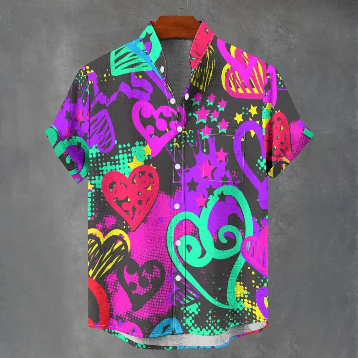 2025 European and American new summer shirt 3D printed stand up collar fashionable short sleeved shirt summer beach men's shirt