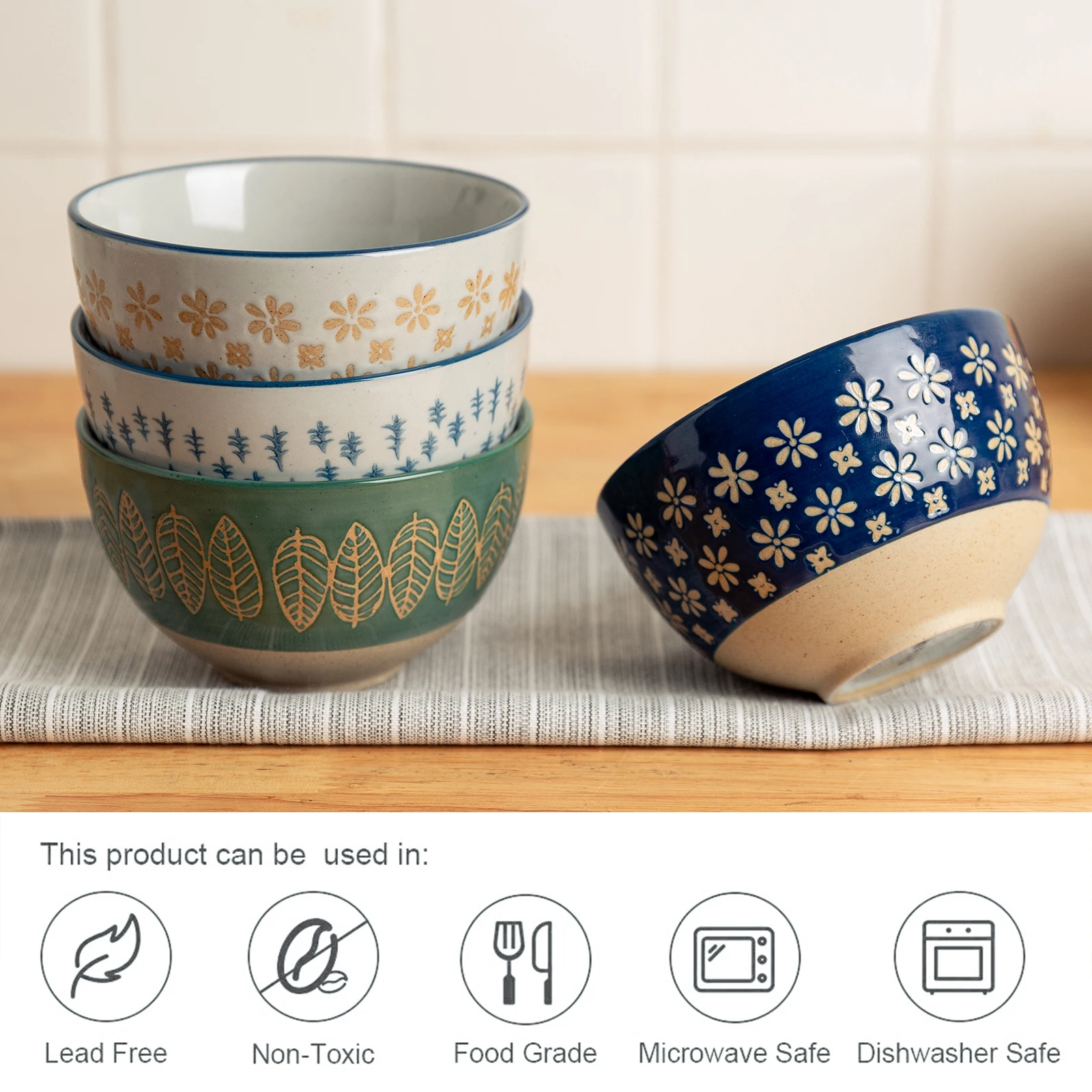 日本の花のシリアルボウル,セラミック,耐熱皿,キッチン用,手描き電子レンジ,4個