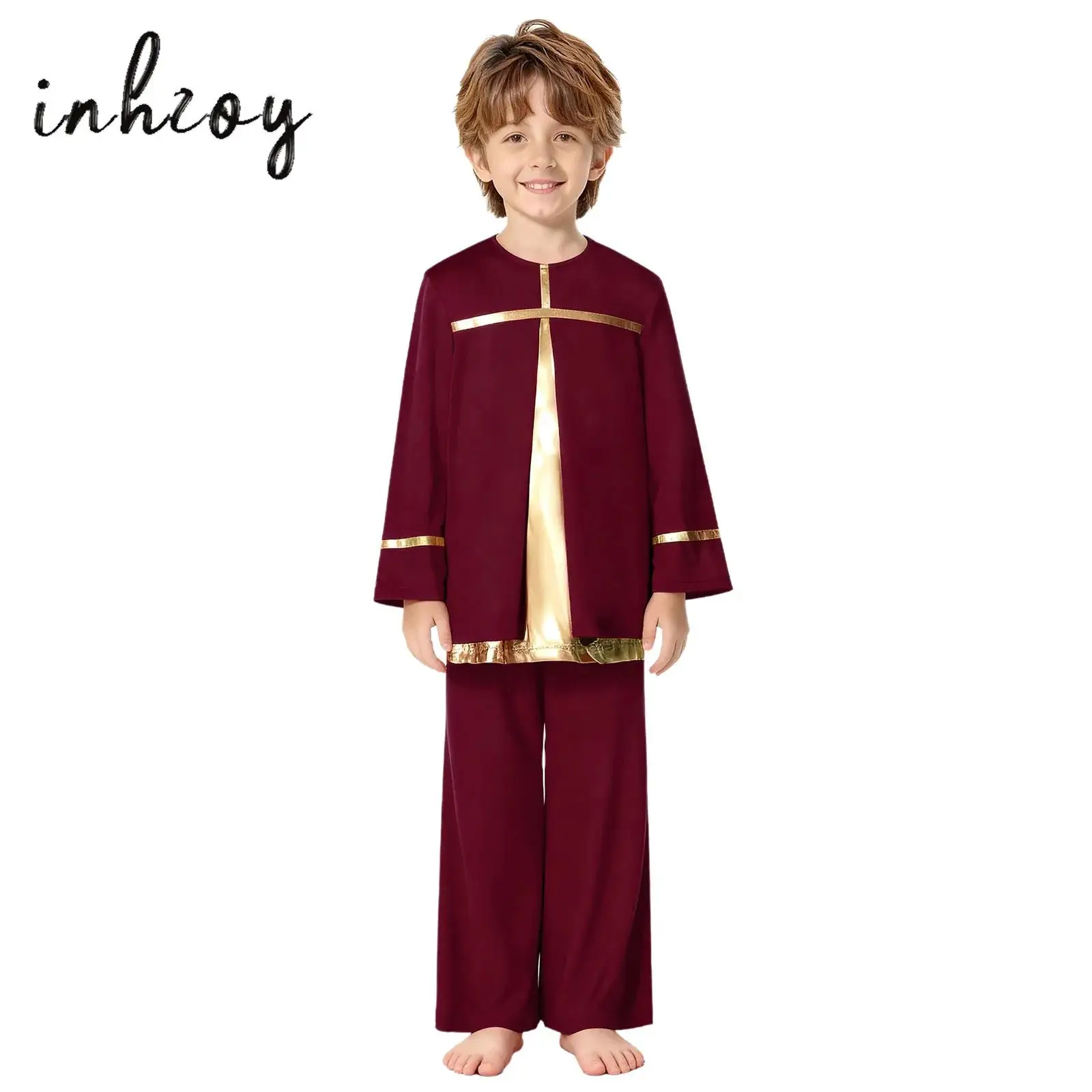 

2Pcs Kids Boys Girls Liturgical Praise Dance Outfit Round Neck Long Sleeve Metallic Color Block Patchwork Top+Wide-Leg Pants Set