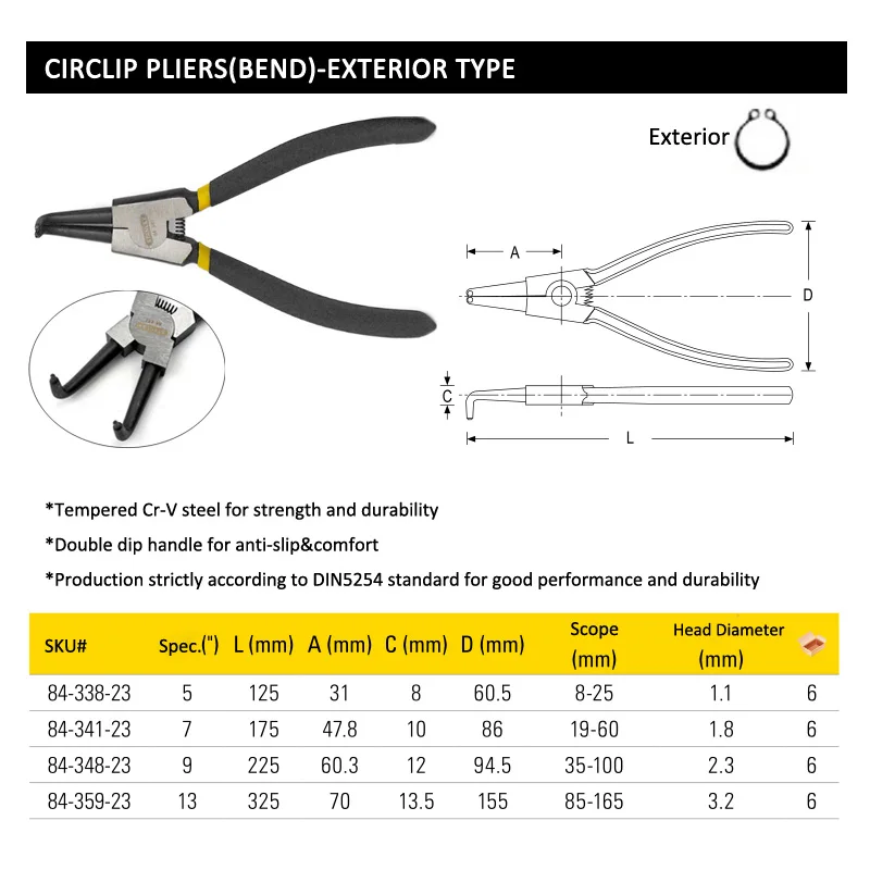 Stanley 1-Pcs 5 7 9 13 Inch Professional Small Large Circlip Pliers Long C-clip Plier Internal External Moon Ring Removal Tools