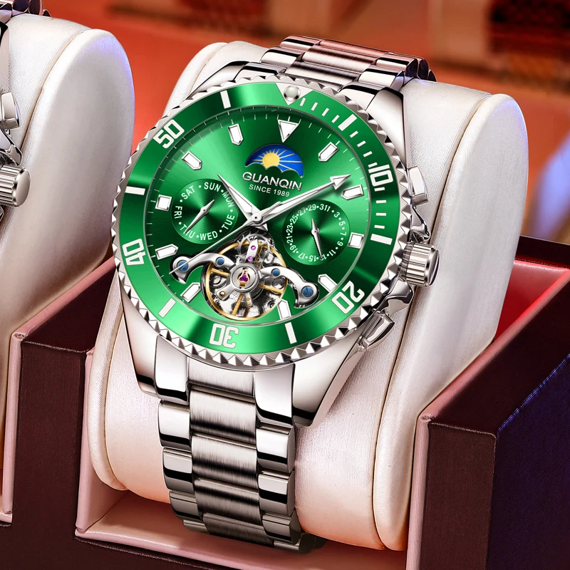 GUANQIN Роскошные механические часы для мужчин с автоподзаводом и турбийоном, вращающийся безель, неделя, дата, бизнес-досуг, 30 м, водонепроницаемые