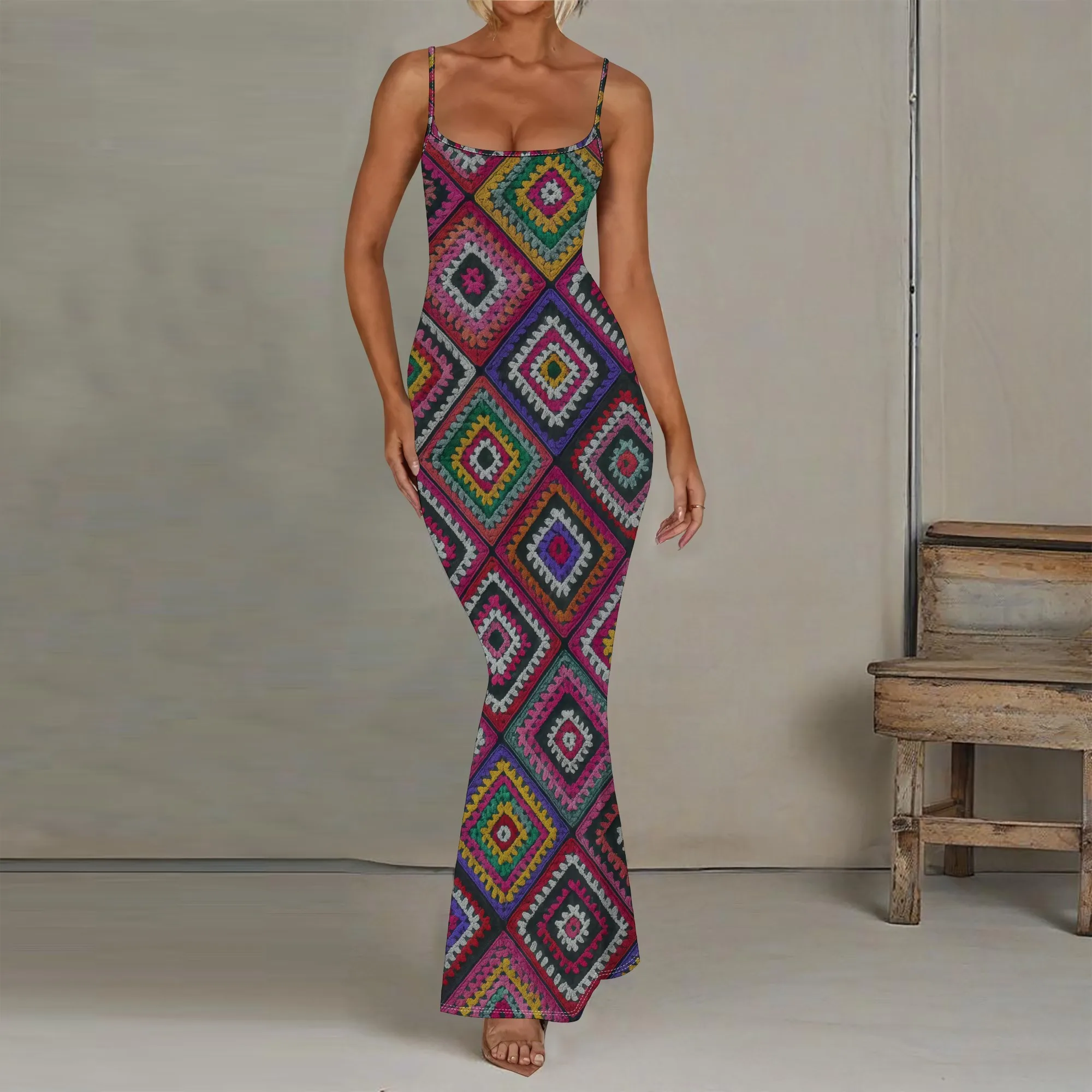 

Boho Crochet Print Bodycon Maxi Dress for Women XS-3XL Ethnic Geometric Spaghetti Strap Summer Festival Vacation Outfit