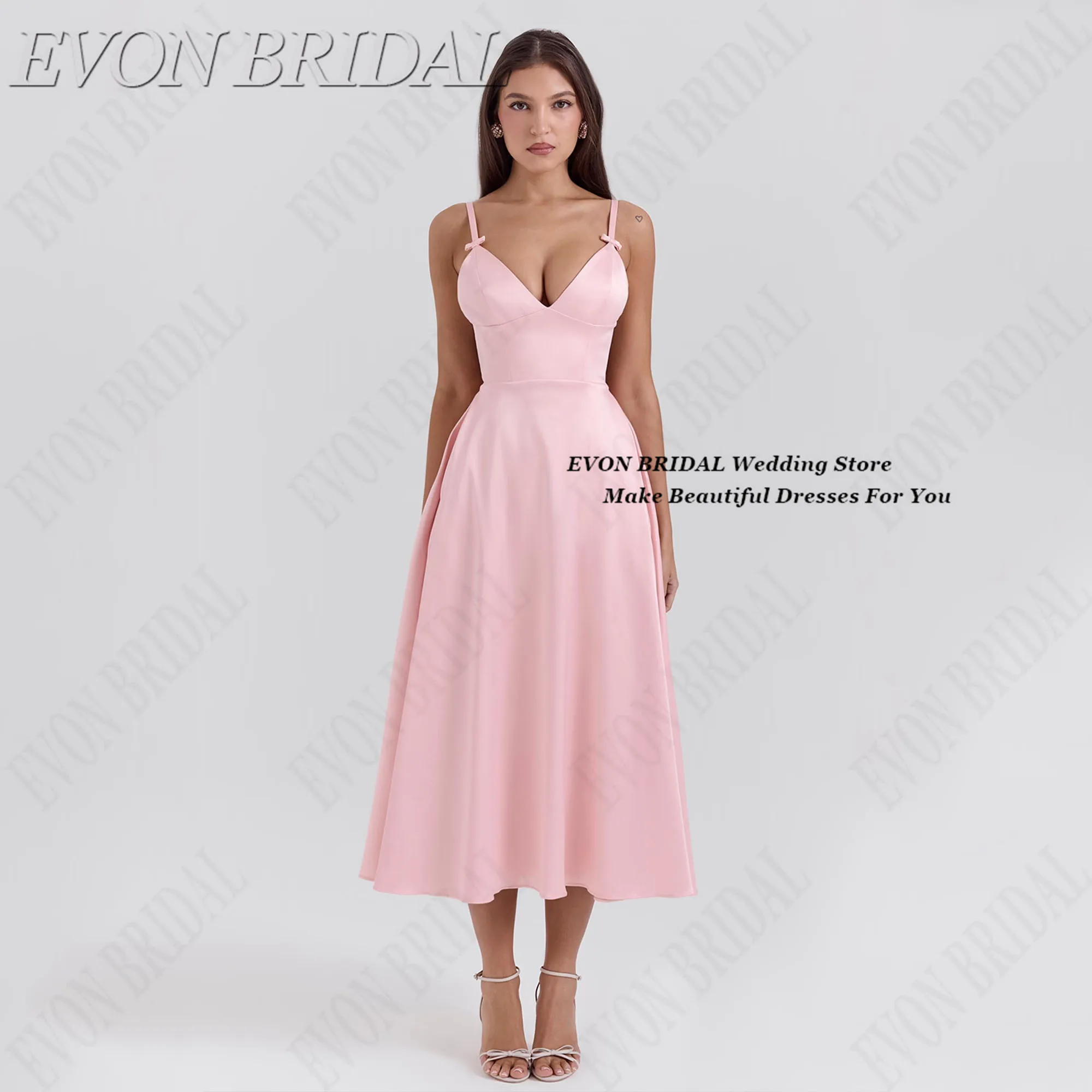

Pink Satin Evening Dress Spaghetti Straps Elegant Women Deep V-neck Party Gowns Customized Simple Vestido De Fiesta EVON BRIDAL