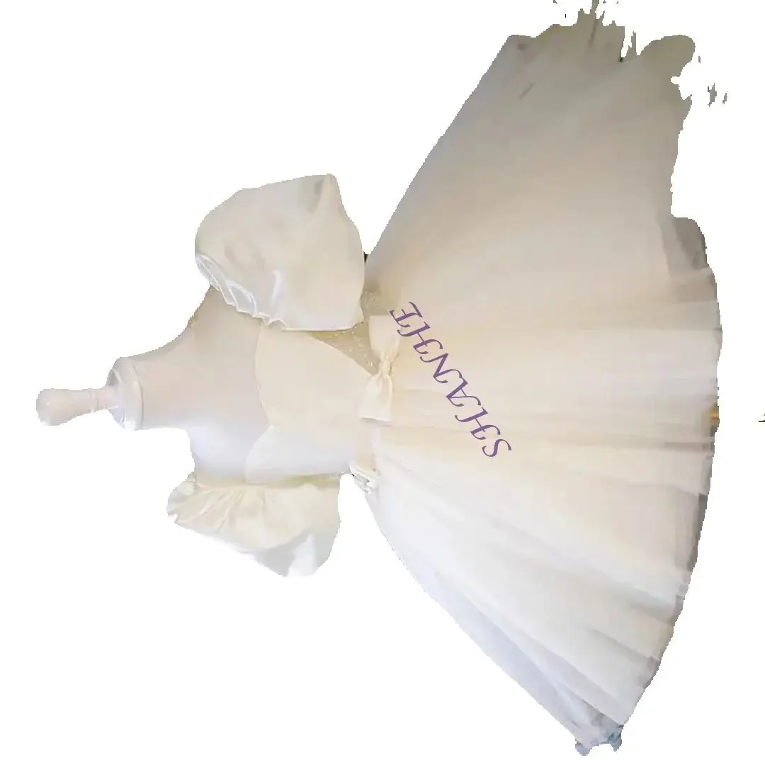 فستان فتاة الزهور من الساتان الأبيض المخصص للعيد بطول الركبة وأكمام منتفخة للأطفال فساتين حفلات الزفاف وأعياد الميلاد #1