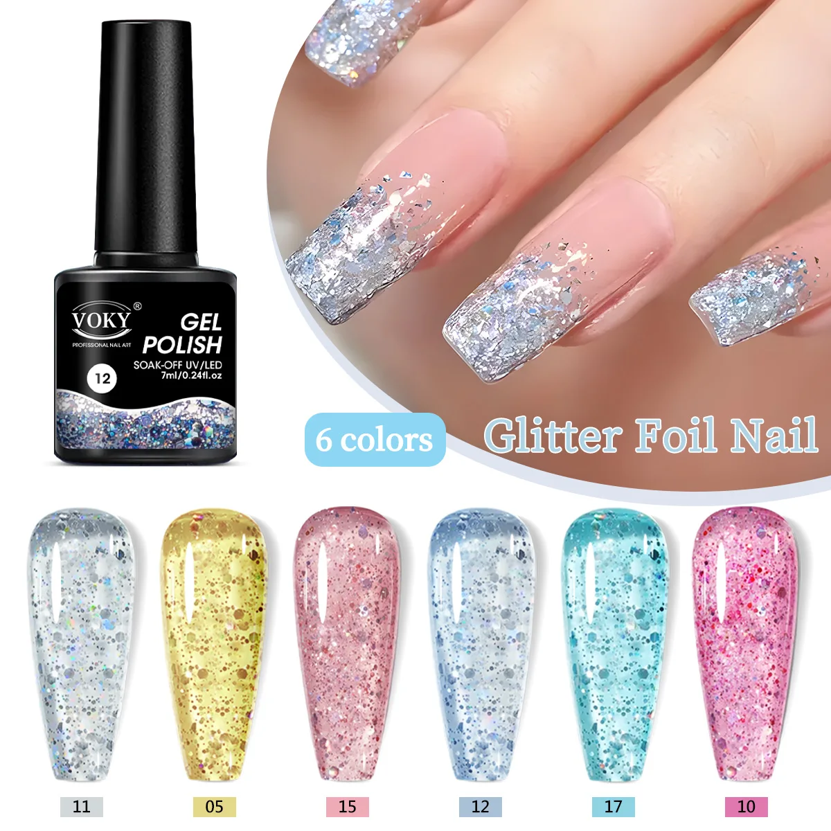 VOKY ネイルジェル 6 点セット、グリッター 21 色、シマー効果付き、アルコールフリーのフォーミュラ、ホームサロンのネイルデザインに最適