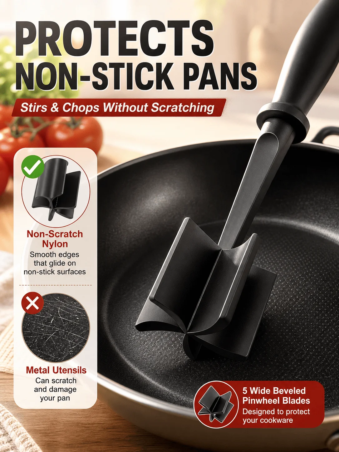 Heat Resistant Meat Chopper Masher, 5 Beveled Blades, Non-Scratch Nylon Ground Beef Smasher for Non-Stick Pans image 5