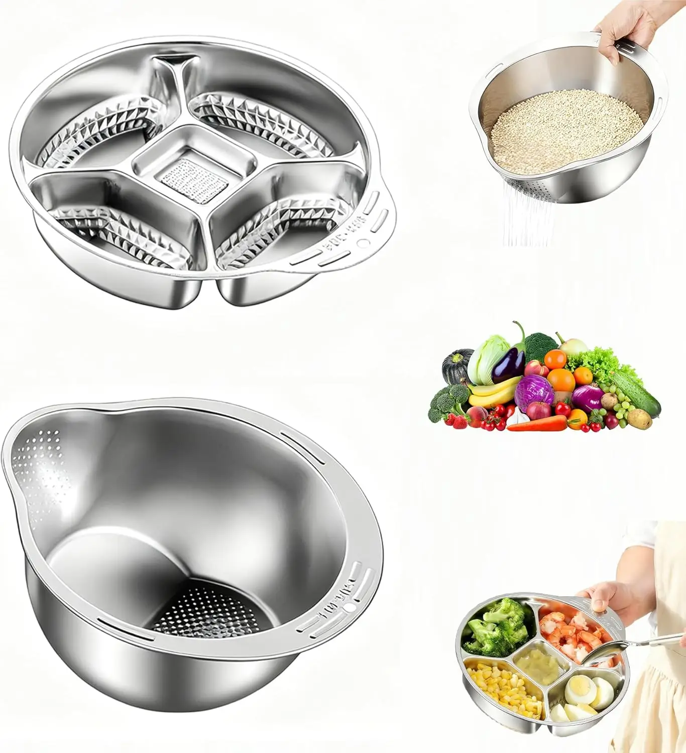 Colador de Arroz, Tazón con Separador de Verduras, Bandeja de Acero Inoxidable, Enjuagador, Tazón de Lavado, Utensilio de Cocina para Quinoa, Verduras y Frutas