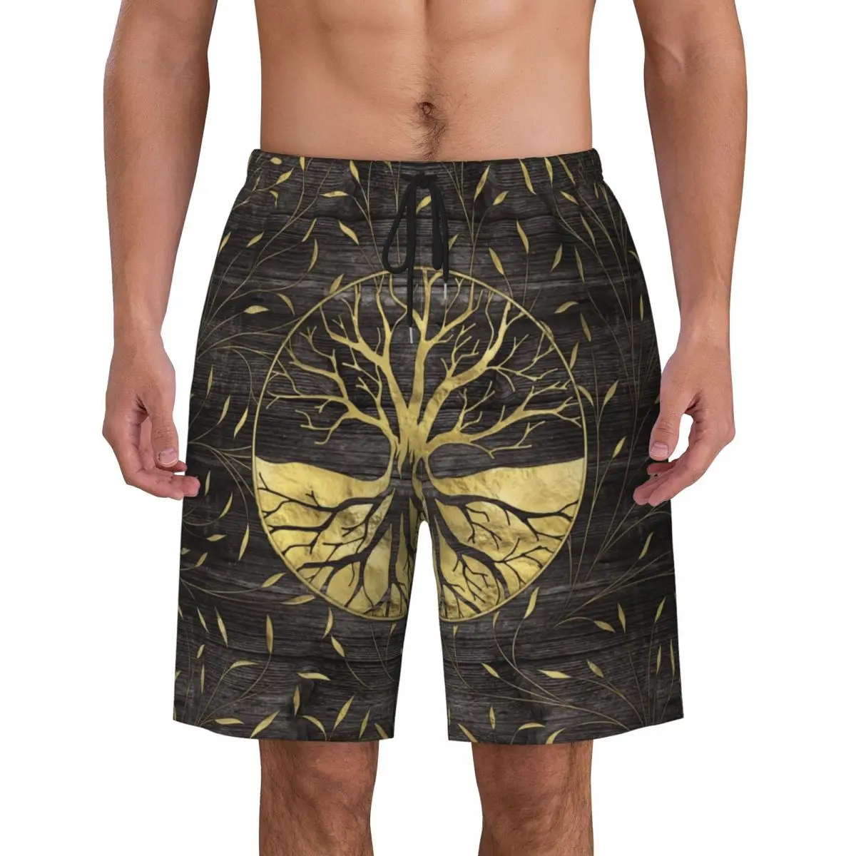 Golden Tree Of Life On Wooden Texture Boardshorts Mens Quick Dry Board Shorts Yggdrasil Swim Trunks Custom Print Swimwear Suits