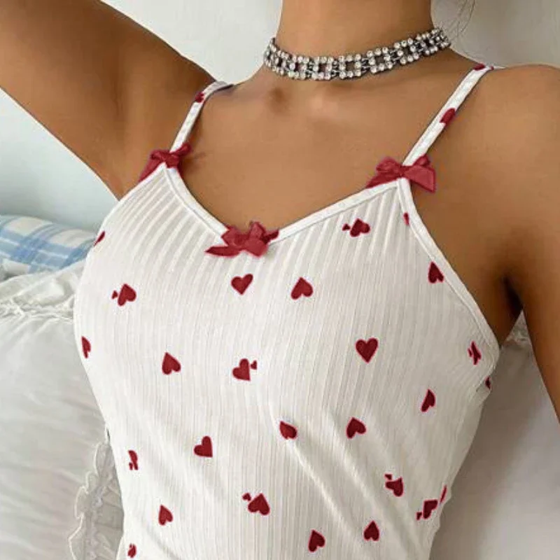 Sexy Heart Shaped Printed Homewear Unilateral Jag Lace Bowknot Contrast Color Suspender Dress Transparent V Neck sweet Pajamas