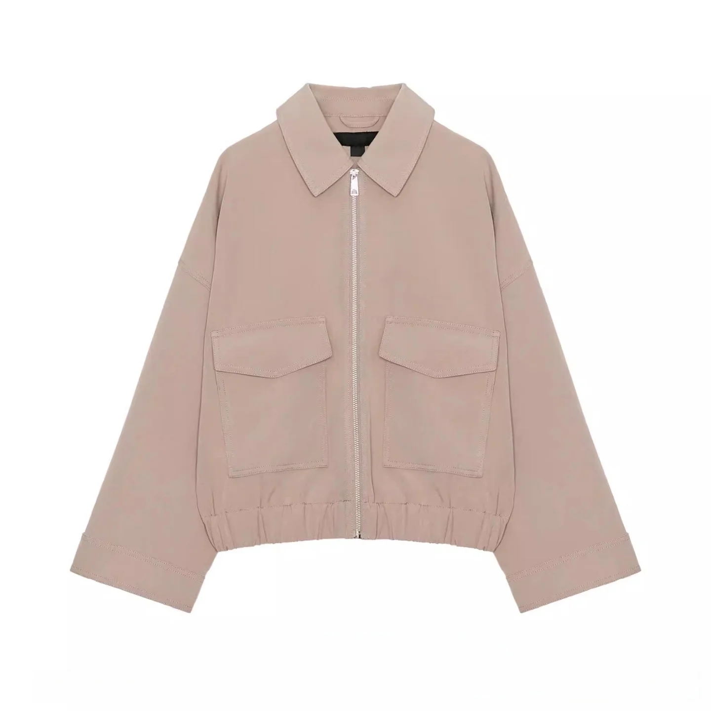 Spring Summer Women's Jacket Short Outerwear Elastic Hem Long Sleeve Turn-down Collar Pocket Decorated Casual Loose Fit Zipper