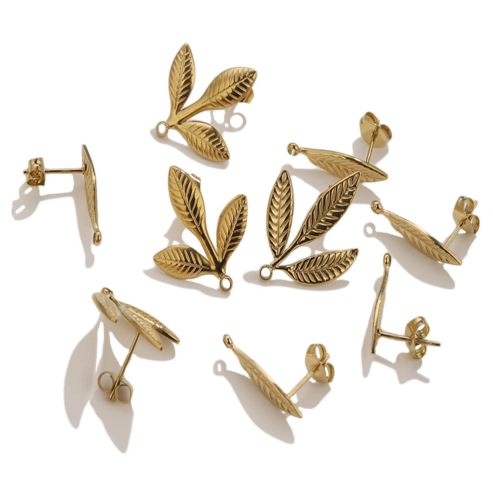 

6PCS 18K Gold Vacuum Plated Stainless Steel Leaf Stud Earring Findings | DIY Earring Making Components with Loop for Jewelry
