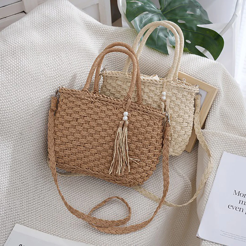 Sac tissé décontracté pour femmes, sac en rotin, vacances en bord de mer, photo plage, panier de légumes pastChev