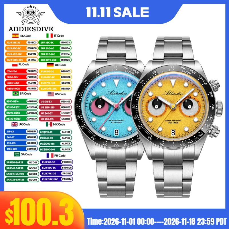 ADDIESDIVE AD2557 Men Eye Dial Chronograph Watch BGW9 Super Luminous 100m Waterproof 316L Stainless Steel Quartz Watch