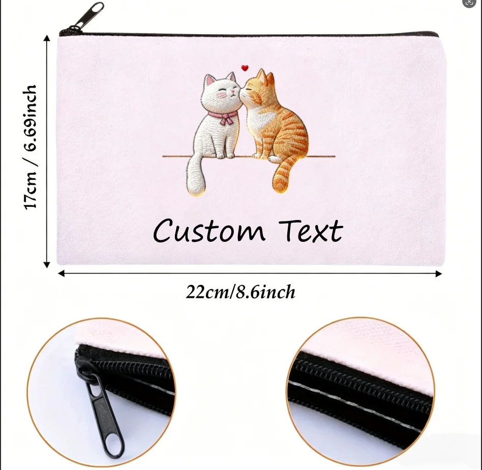 1PCPersonalized Kissing Cat Cosmetic Pouch Custom Text Embroidery Effect Makeup Bag Travel Zipper Storage Bag Gift for Cat Lover
