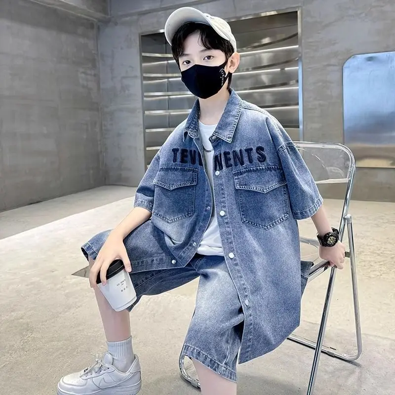Boys Denim Suit Summer Clothes New Children's Short Sleeve Shirt + Shorts Sports Korean Tracksuit Sets Kids Luxury Clothing Suit