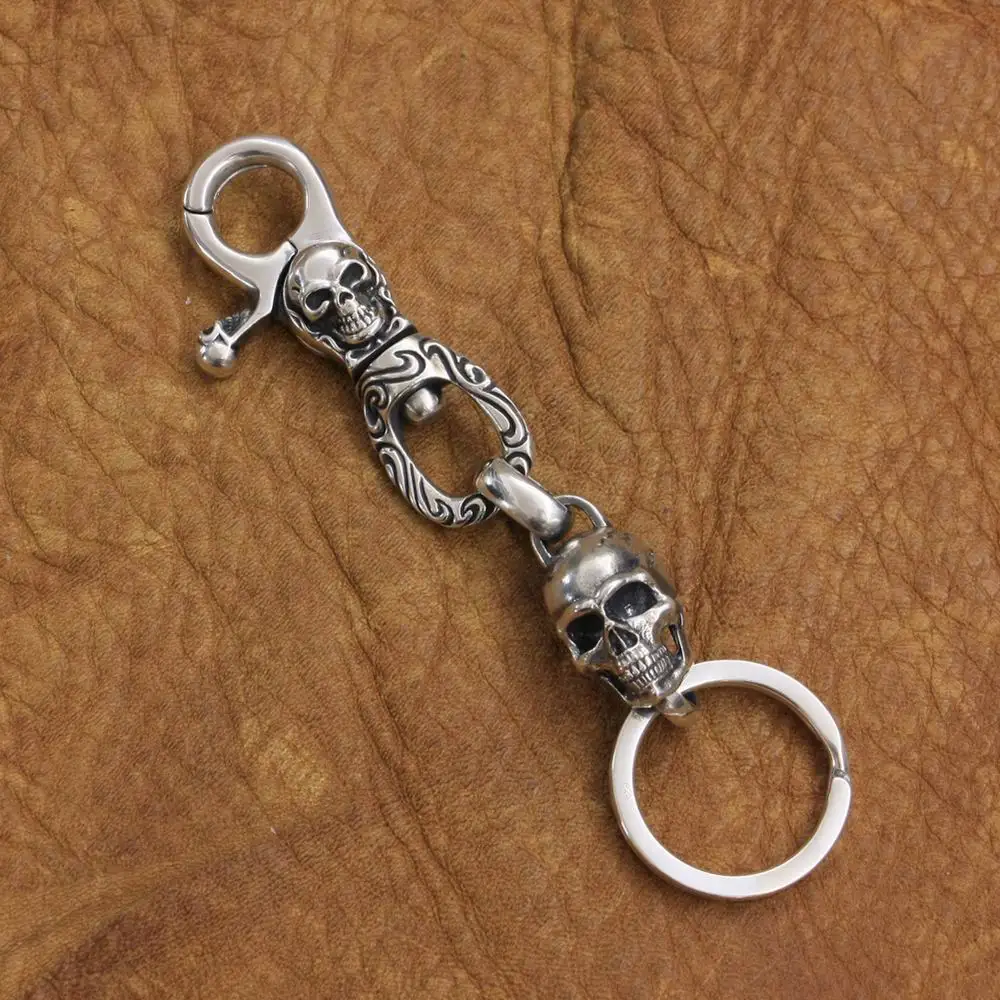 High Detail 925 Sterling Silver Skull KeyRing Mens Biker Keychain Punk DIY Accessory TA249