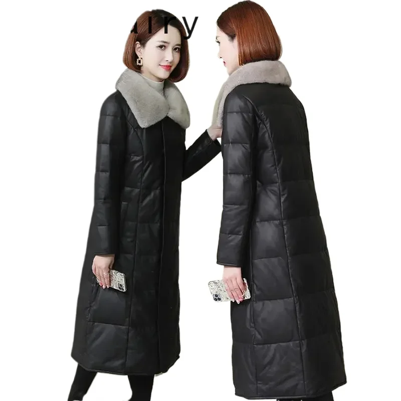 

90% белая куртка на утином пуху, женские зимние куртки из натуральной овчины для женщин, 2024, длинные пуховые пальто, кожаное пальто с воротником из норки