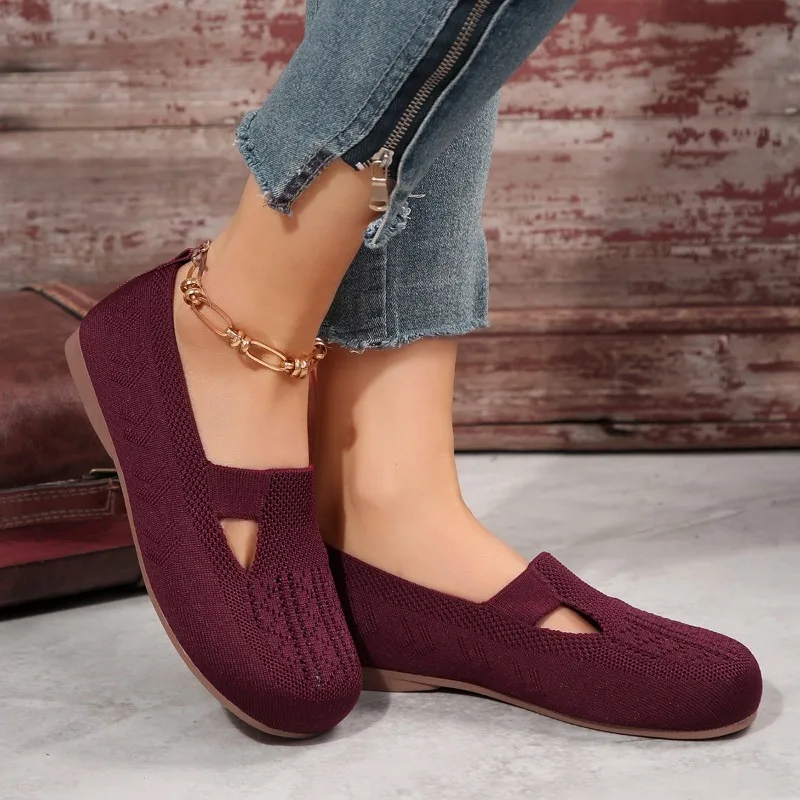 Loafers Autumn Casual Shoes Women Flat Heel Square Toe Hollow-out Sneakers Barefoot Shoes Moccasin Female Knitted Flats