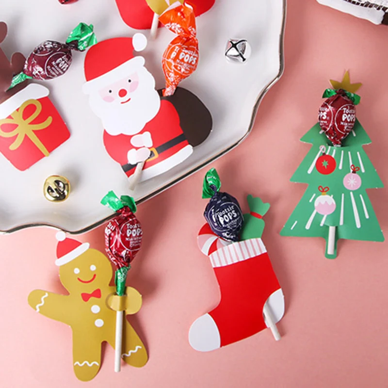 60pcs Christmas Lollipop Card Cartoon Santa Claus Snowman Tree Candy Package Cards Xmas Party Decorations Kids Gift new year