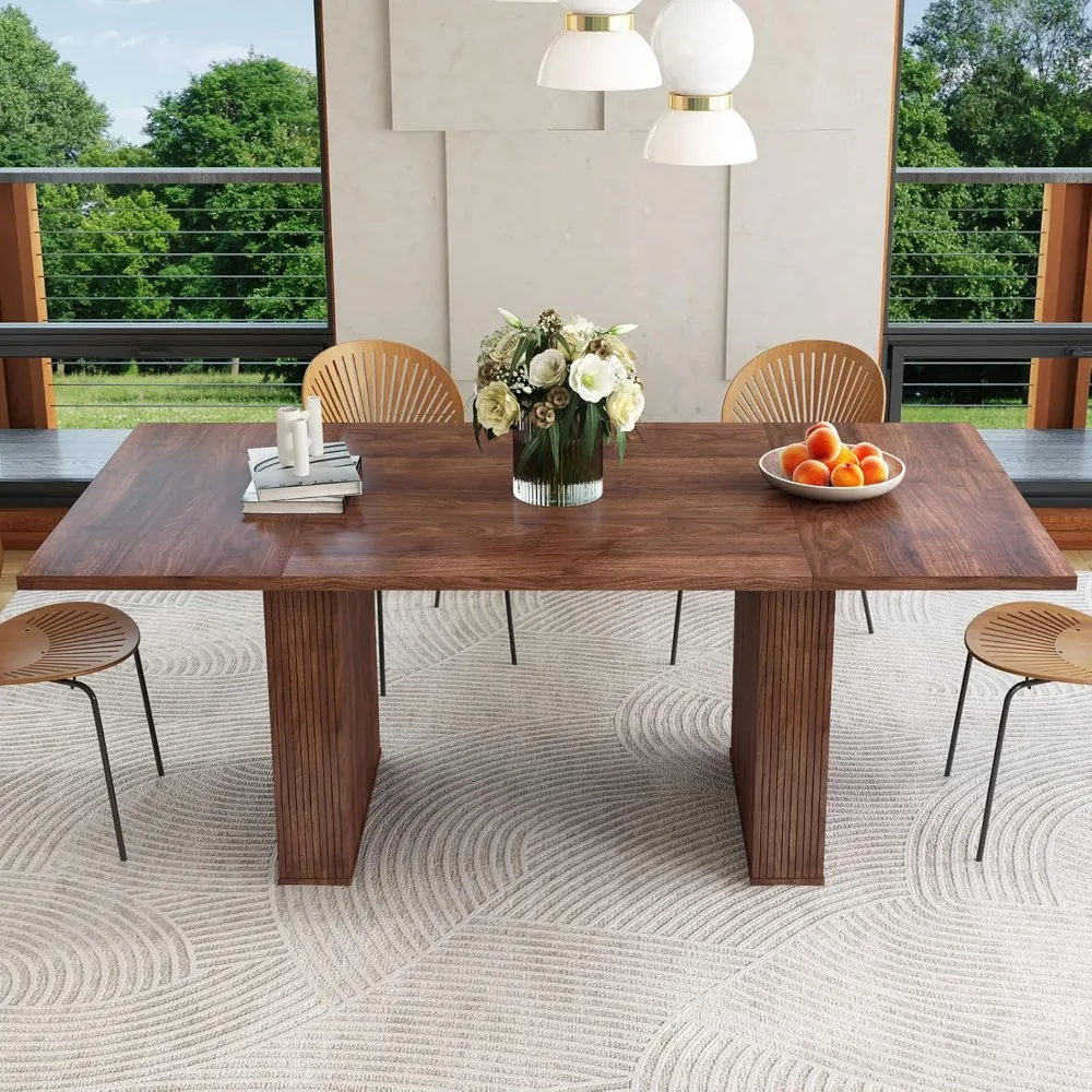 78 Inch Dining Table for 6 8 10, Modern Farmhouse Rectangular Kitchen Table, Long Dining Room Tables with Wood Strip Base