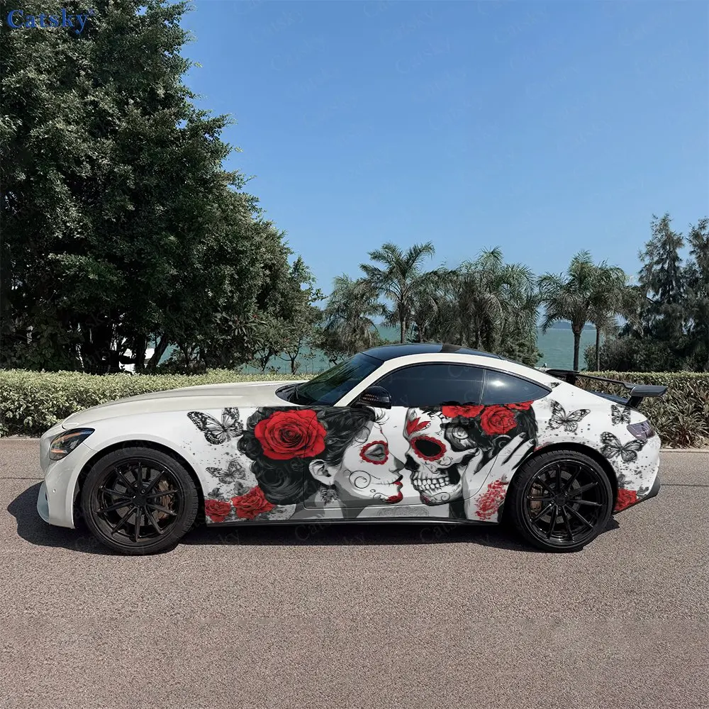 2pcs Black White Skull Lovers Car Side Wraps, Self-Adhesive PVC Waterproof & Scratch-Resistant Stickers, Car Accessory Gift