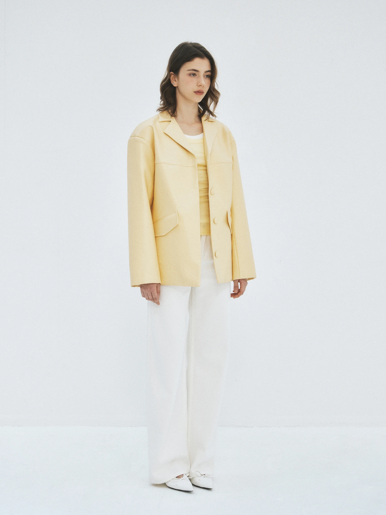 Ele Vintage Sle Yellow Leather Jaet Suit Outerwear Eco-friendly Faionable Spring Collection Women's Clothing