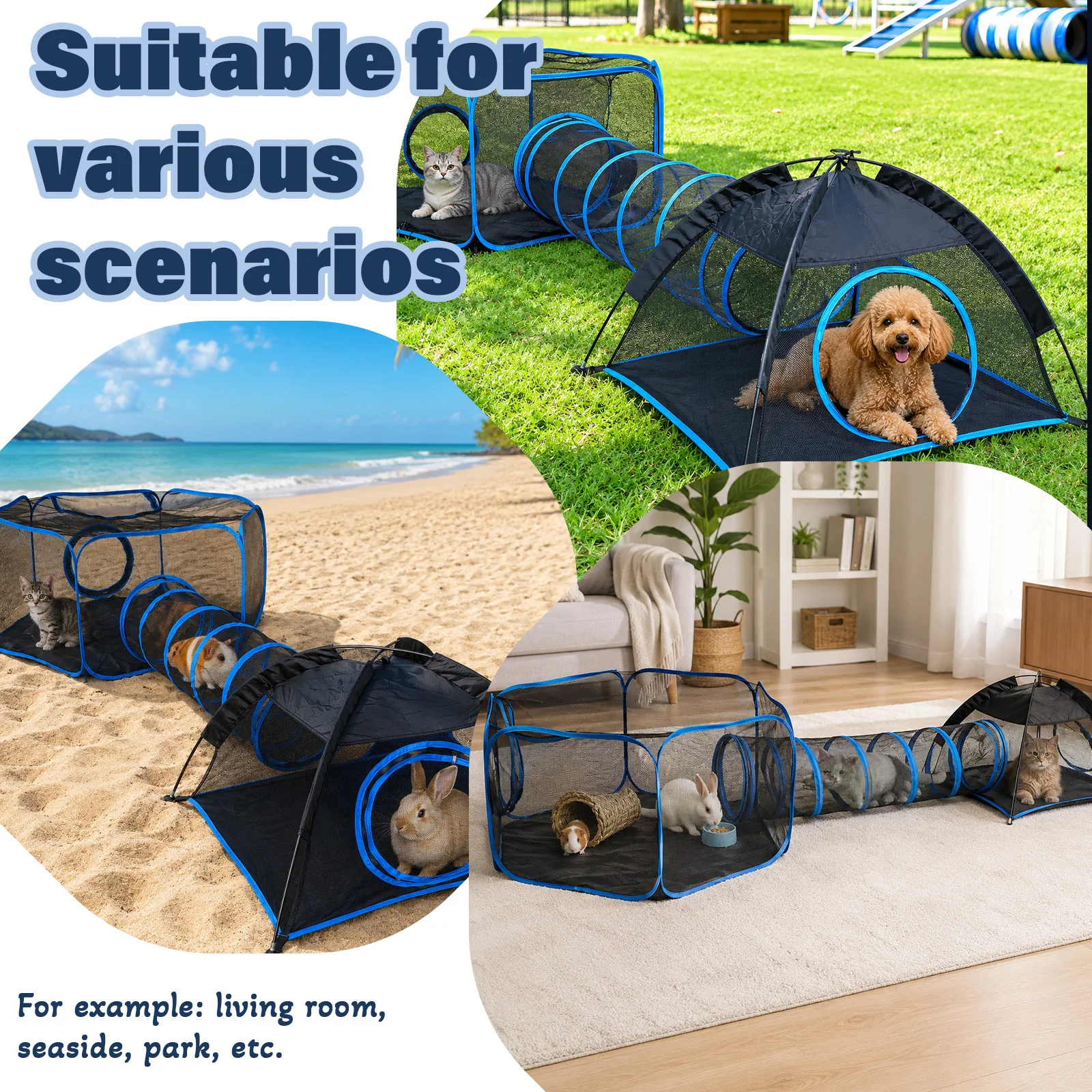 3-in-1 Portable Mesh Pet Fence Playhouse Multi-Animal Cage with Tunnel Indoor Outdoor Easy Setup for Cats And Small Animals