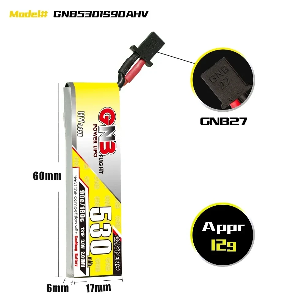 6PCS GNB 1S 530mAh 3.8V 90C HV Lipo Battery With A30 GNB27 PH2.0 Plug For Cetus Pro FPV Drone DIY Parts VS BETAFPV BT2.0 450mAh