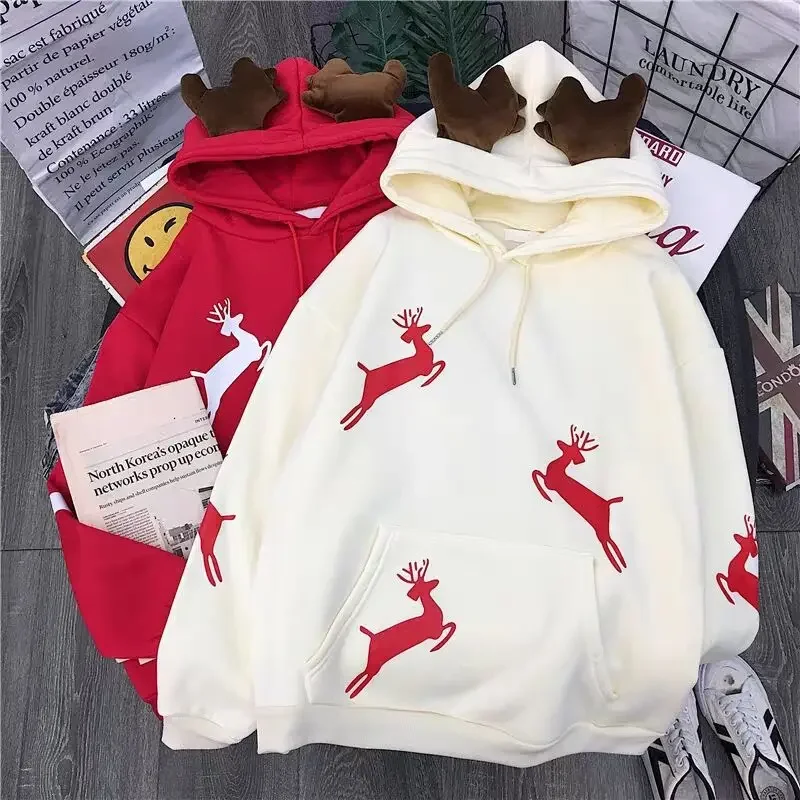 

Christmas Elk Men's and Women's Sweater 2024 New Autumn and Winter Korean Version Plus Velvet Loose Long-sleeved Couples Hoodie