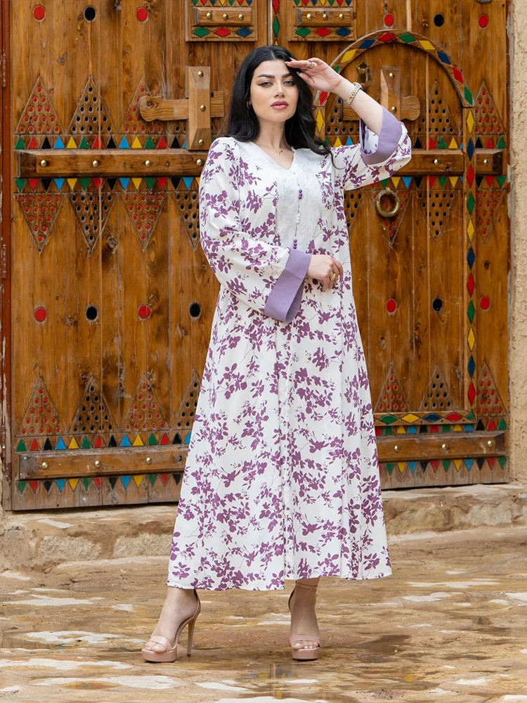 TOLEEN Een Midden-Oosten damesjurk met V-hals, enkele rij knopen, bloemenprint, casual Arabische jurk en modieuze moslimjas met print