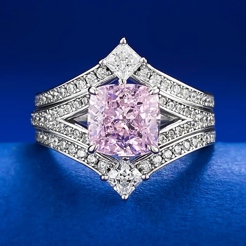 

2023 new 925 silver crown princess style 7 * 7 pink diamond niche design fashion folding ring ring