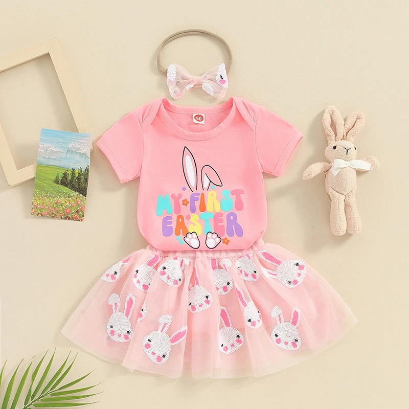 

BeQeuewll Baby Girls Easter Outfit Short Sleeve Rompers and Sequin Bunny Print Tulle Skirt Headband Summer 3 Piece Clothes Set