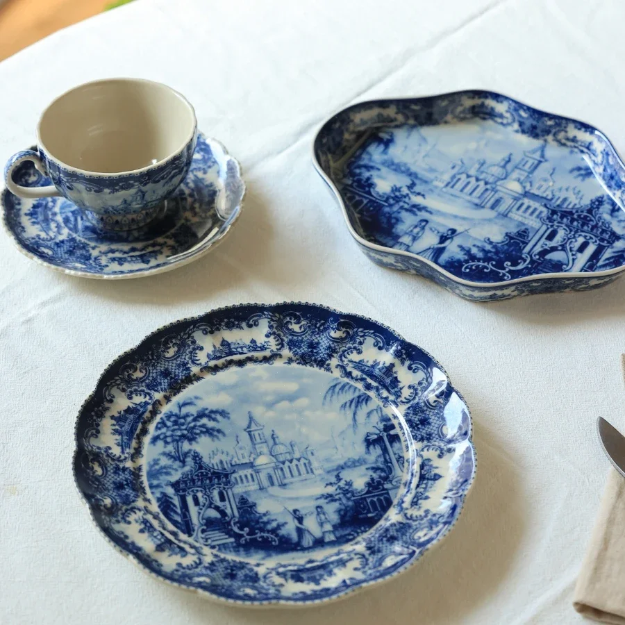 English Castle Retro Palace Ceramic Afternoon Tea Mug Coffee Cup Vintage European Blue Castle Dessert Plate Underglaze Color 3