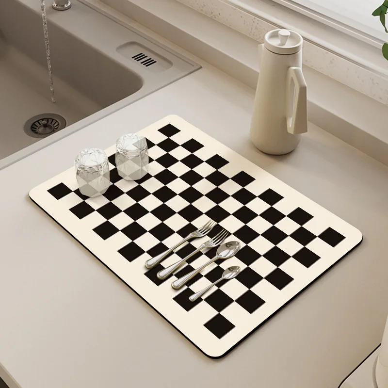 Retro checkerboard kitchen countertop drain pad soft diatom mud tabletop tableware coaster hand washing table non-slip pad