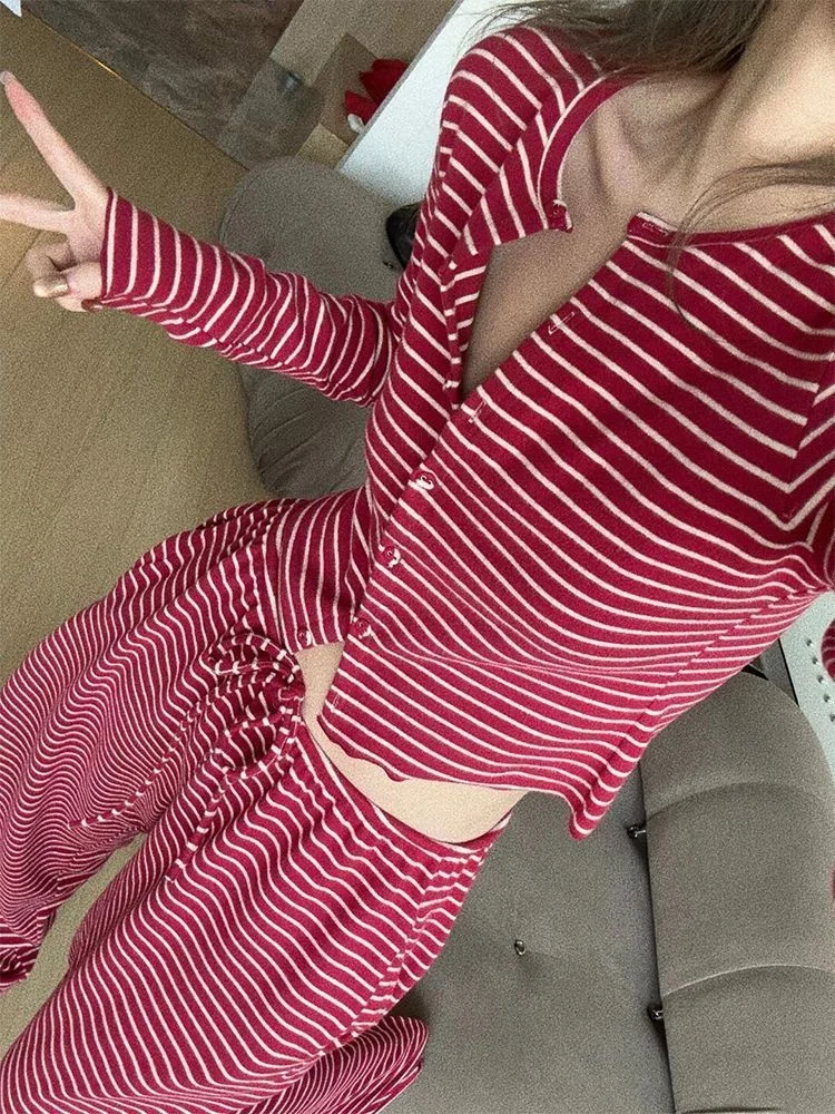 

American style spicy girl retro striped pajama set spring/autumn fashion Harajuku spicy girl can wear outerwear home suit set