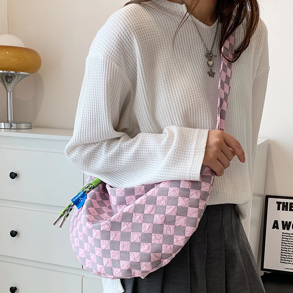 Plaid Women Messenger Bag Casual Half Moon Shopping Handbag portatile semplice morbido leggero grande capacità per le vacanze del fine settimana