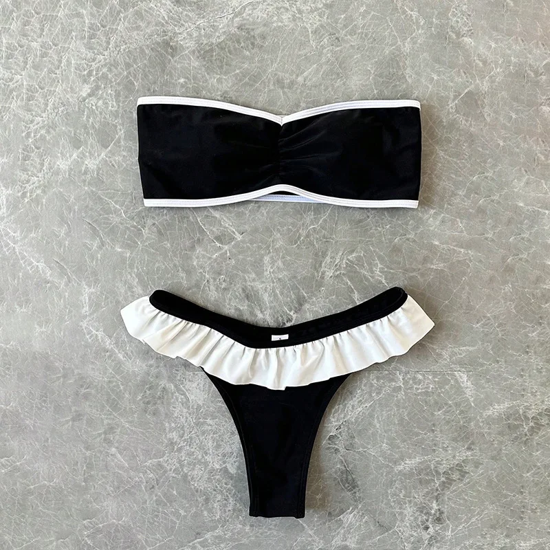 2026 Solid Color Bandeau Ruffle Two Piece Bikini Set Women Sexy Push Up Tummy Control Swimsuit Swimwear Beach Holiday Swimwear