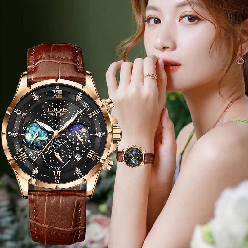 

LIGE Elegant Retro Woman Watch Fashion Classic Luxury Casual Clock Moon Phase Auto Date Leather Belt Quartz Women Wristwatch+Box
