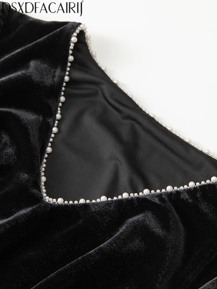 DSXDFACAIRIJ Damen-Kleid mit Perlenstickerei, V-Ausschnitt, Laternenärmel, Pailletten, Applikationen, Schnürung, Vintage, gespleißt, Samtkleid, modisch, Herbst, weiblich