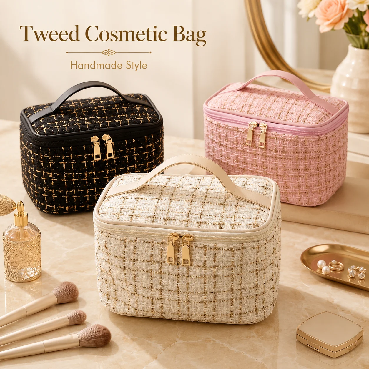 Tweed Cosmetic Bag with Handle, Luxury Large‑capacity Travel Makeup Organizer Case, Portable Toiletry Storage Pouch for Women